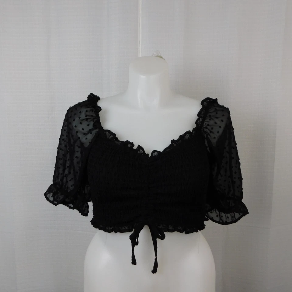 Top Rue 21 Recortado Lunares Manga Abullonada Acanalado Gasa Corbata Frontal XL, Negro #180 Foto 2 de 4