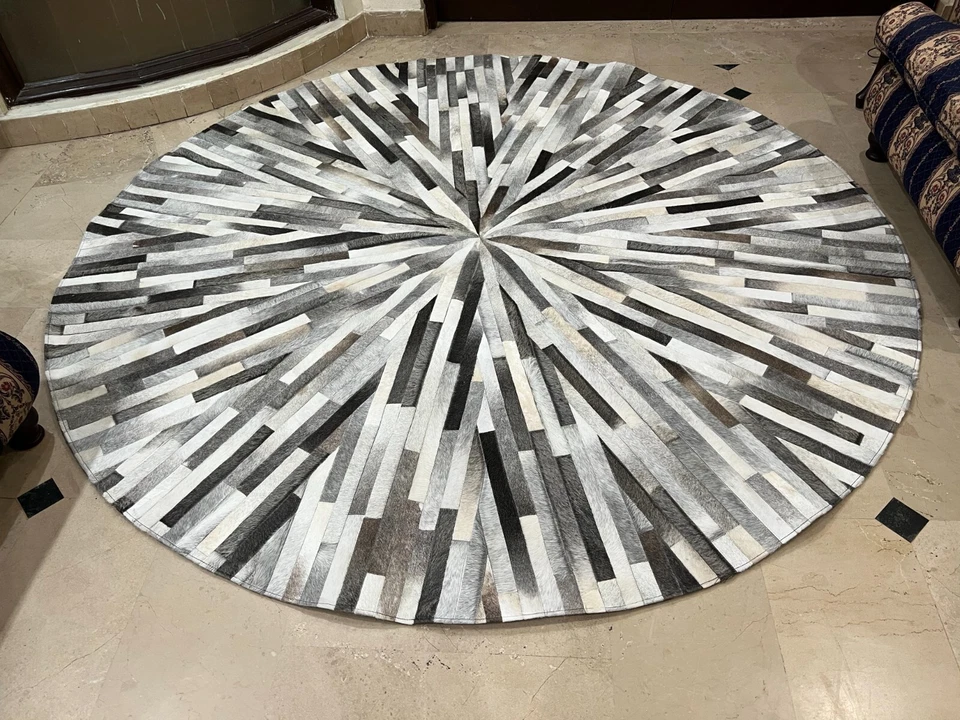 Novo Tapete Redondo de Couro de Vaca Feito à Mão Tapetes de Área de Patchwork Sala de Estar - Imagem 4 de 4