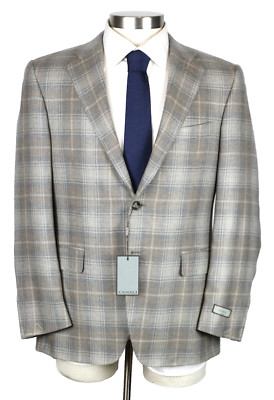 Canali 100% Cashmere Sport Coat 48 R fit 46 (58 EU) Mens Beige Grey Plaid Blazer