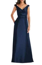 Alfred Sung Midnight Blue Off the Shoulder Satin Gown Size 8 $239 D811s