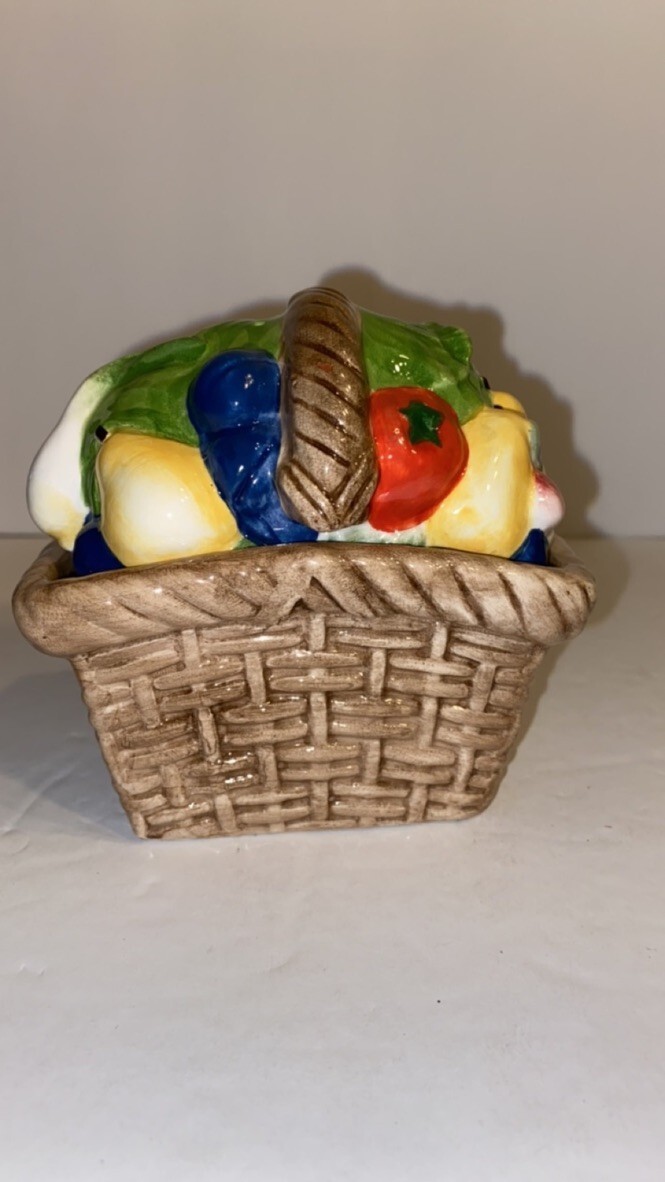 Vintage C.I.C. Peggy Jo Ackley Salt & Pepper Shakers Basket Of Fruit Vegies #11
