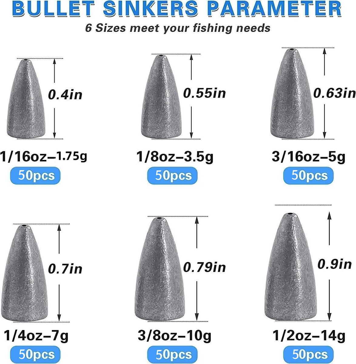 50PC Bullet Fishing Weights Sinkers Bass Worm Weights Slip Sinker