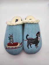 Lands' End Dog Cat Sled Embroidered SHERPA Lined SZ 8 SLIPPER Mules Scuff Blue