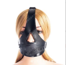 Unisex Restraints Detachable Plug Mouth Gag Leather Bondage Hood Head Harness