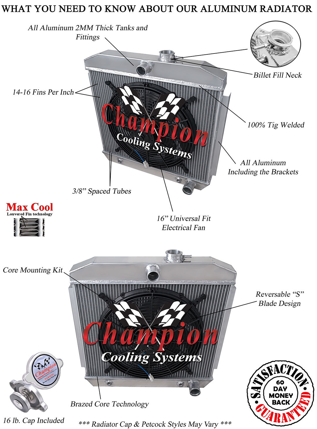 JR Champion 2 Row 1" Tubes Radiator,16" Fan for 1955-1957 Chevrolet Cars V8 Eng