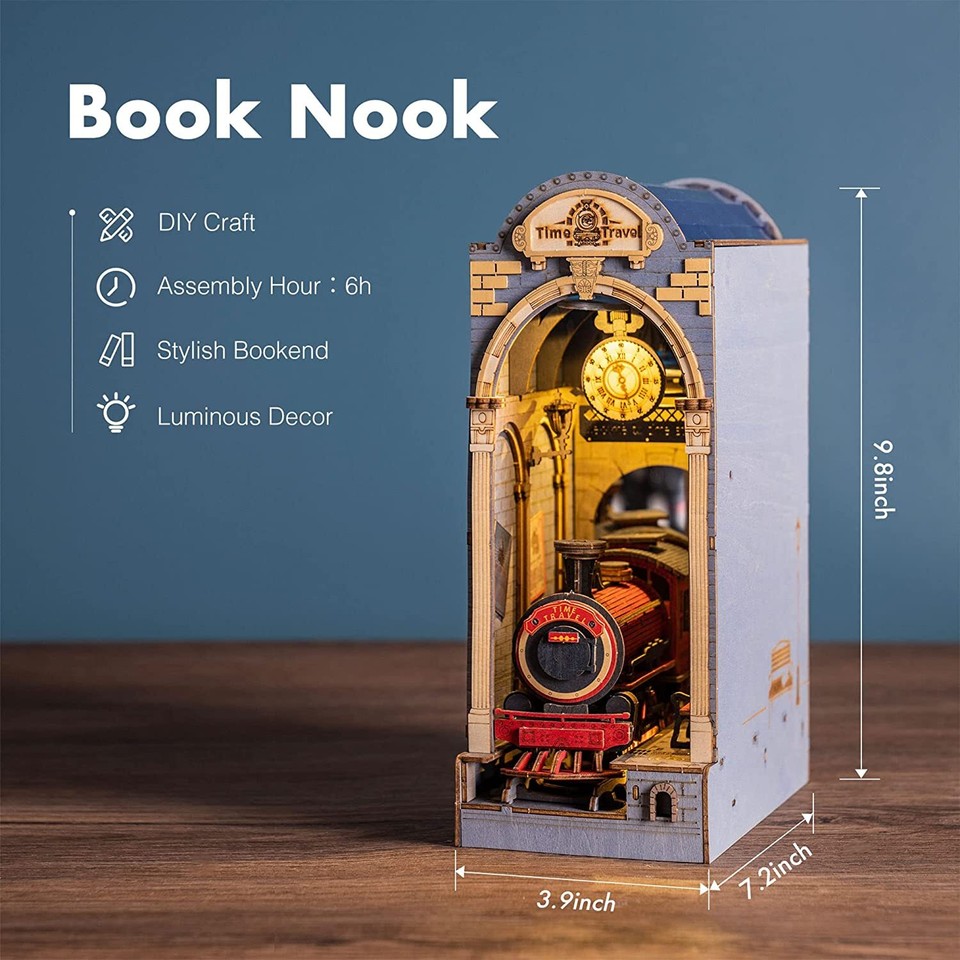 Robotime Book Nook DIY Dollhouse Bookends Model Kit LED Bookshelf Decor ...