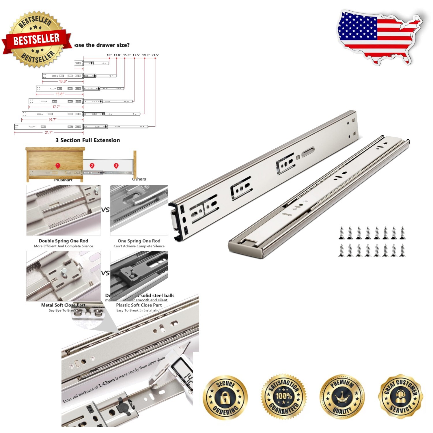 Smooth Opening 22'' Drawer Slides - 150LB Weight Capacity & Zinc Plated Finish-image