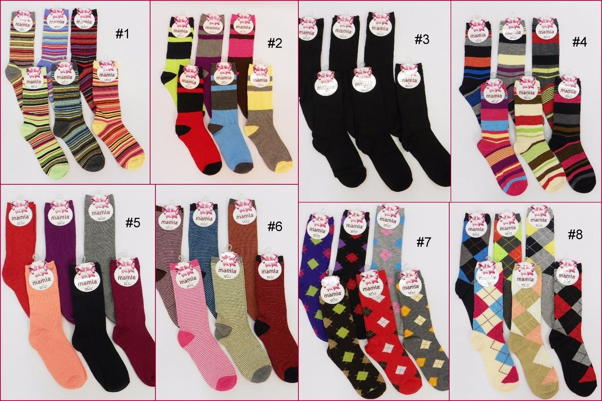 6 pairs Womens Crew Dress Socks Colorful Solid Black Striped Sz 9 11 CHOOSE PACK