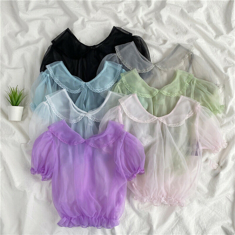 Girl Lolita T-shirt Top Blouse Lace Mesh Sheer Transparent Short Puff Sleeve