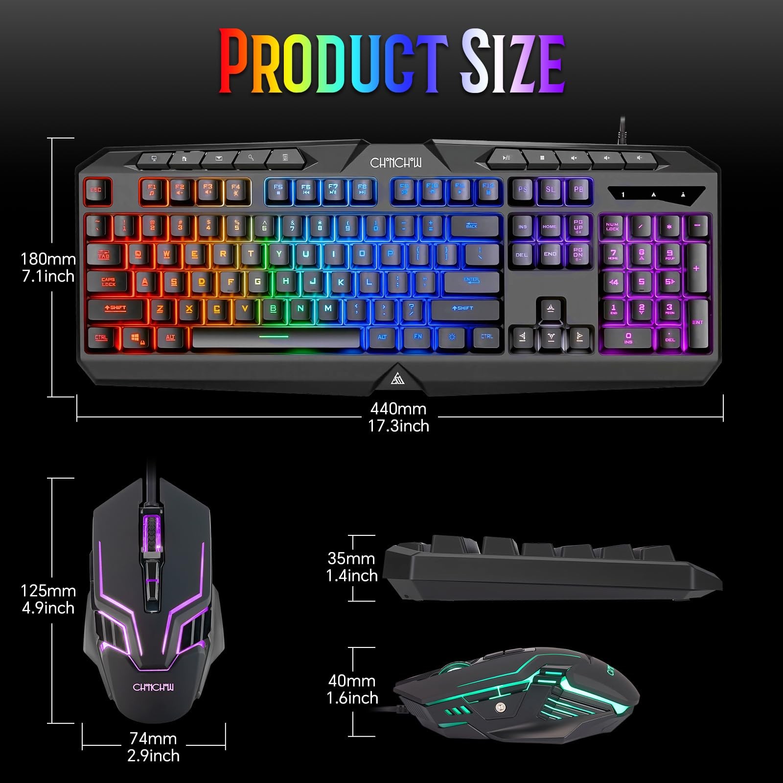 Wired Gaming Keyboard and Mouse Combo with LED Backlit, Quiet, 10 Media Function