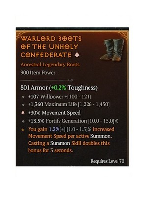 Diablo 4 S14 Warlord Boots Of The Unholy Confederate 1GA Legendary Equipment