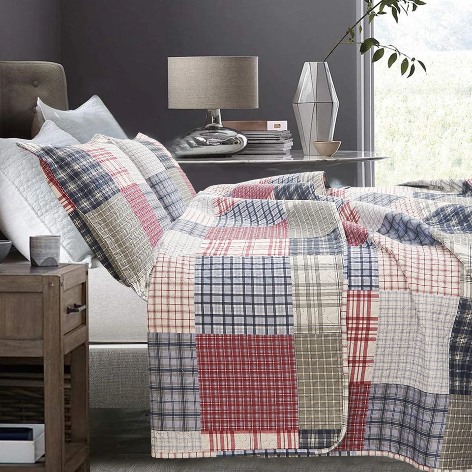 Juego de colcha edredón a cuadros tamaño king - niños/hombres rojo, azul, blanco pla... Foto 3 de 4