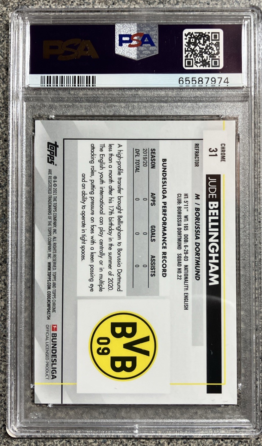 PSA 10 Jude Bellingham REFRACTOR Rookie 2020/21 Topps Chrome Bundesliga RC #31 view 2