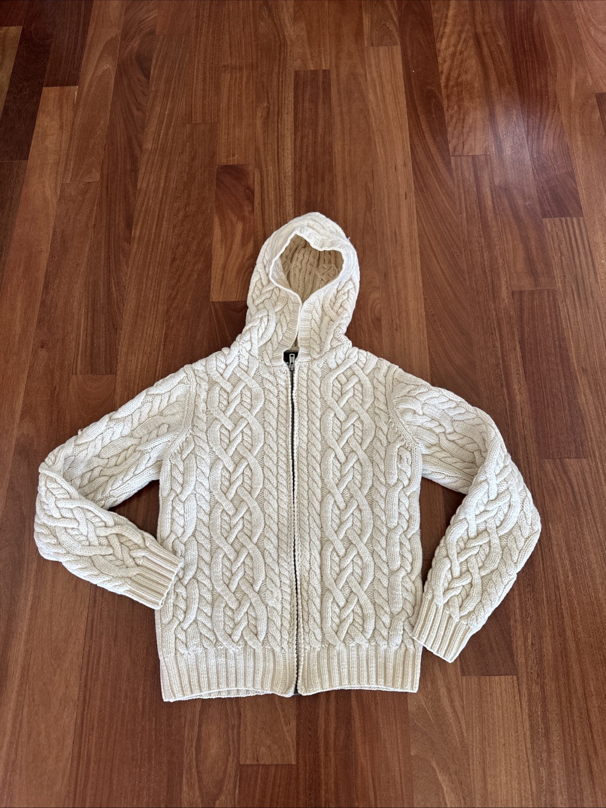 NWOTs Ralph Lauren Womens Cream Wool Cable Knit Full Zip Hooded Sweater Size SM