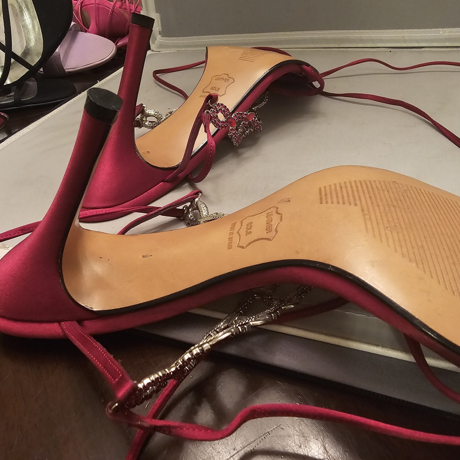 Stuart Weitzman Ruby Red Satin Gladiator 4" High … - image 20