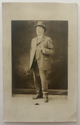 RPPC Postcard Dapper Man in Suit & Fedora Hat Smoking Cigar 1920s Vintage