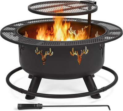 Outdoor große Feuerstelle für Grill mit 360° drehbarem Rost, schwarz | Feuerstelle für Garten
