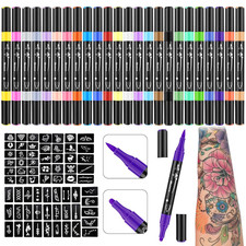 24 Temporary Tattoo Markers with 67 Stencil Dual End Skin Safe Pen for Kid Adult