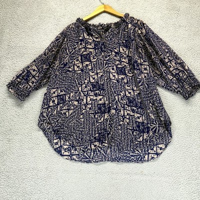 Moda International Blue Womens XL Geometric Boho Peasant Chic Hi-Low Tunic Top