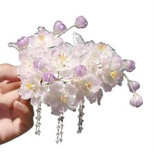 Women Flower Cherry Hair Stick Hanfu U Shape Cheongsam Tassel Headwear Hairpin