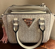 GUESS Beige Logo Satchel Top Handle Bag Zip Closure Double Handles w/ Charm