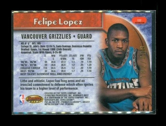 1998-1999 Bowmans Best Felipe Lopez Refractor #122 /400 Vancouver Grizzlies - Image 2 of 2
