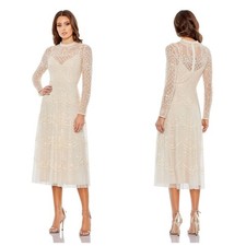 Mac Duggal 9142 Nude Sequined Illusion High Neck Long Sleeve Midi Dress Size 18