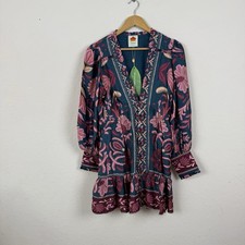 Farm Rio Teal Seashell Tapestry Lending Long Sleeve Dress Size Small