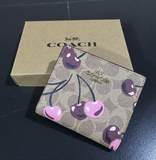 NEW Coach Snap Wallet CZ347 Signature Canvas Cherry Print Pink Brown w/Box Gift