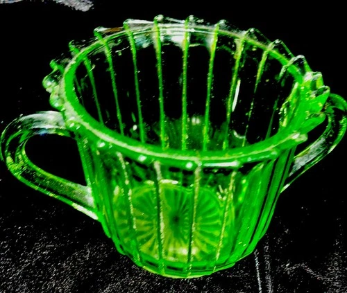 Sierra Pinwheel Pattern Sugar Bowl Jeanette Glass Co. Green Uranium Glass