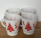Hazel Atlas 4 Mugs Milk Glass 8 Ounce Red Christmas Tree EUC Vintage 1950s