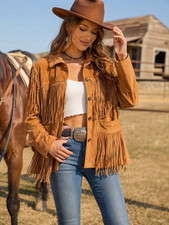 Women Western Cowgirl Suede Fringe Jacket Nat...