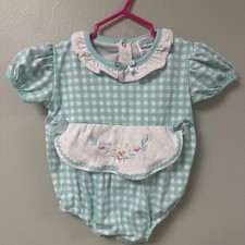 Small Steps Vintage Mint Green Gingham Floral Embroidered Bubble Romper 6-9M