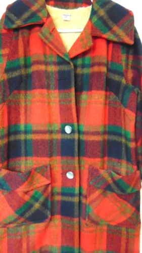 Vtg Red Shadow Plaid 3/4 Raglan Sleeves Fleece Lined Wool 50-60s Coat - Picture 4 of 12