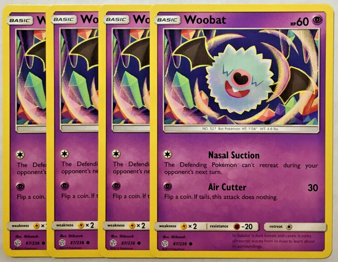 POKEMON 4X WOOBAT 87/236 COSMIC ECLIPSE COMMON NEAR MINT-PLAYSET