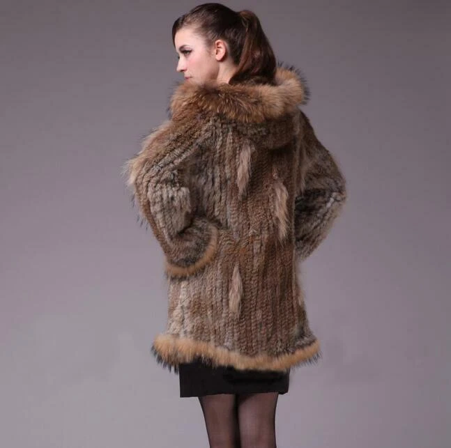 Luxury Women's Knitted Real Rabbit Fur Warm Outwear Hooded Woven Mid Long Jacket - Image 4 of 4