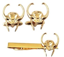 Marvel Comics Loki Helmet 3D Metal Enamel Cuff Links & Tie Clip Set