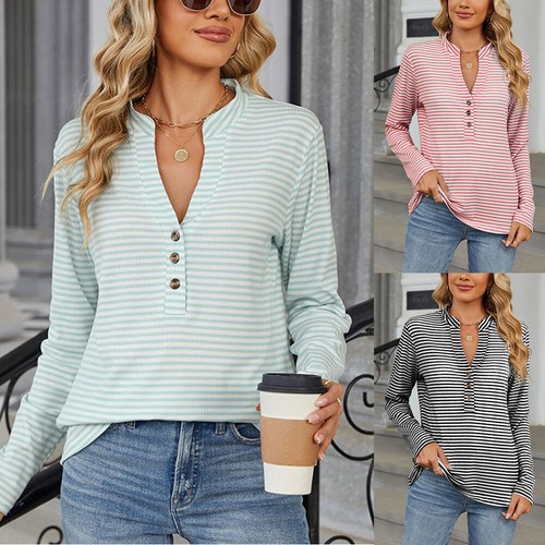 Women Stripes T-Shirt Long Sleeve V Neck Tees Tops Spring Autumn Casual Pullover - Picture 2 of 24