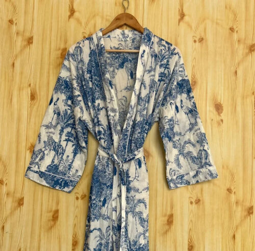 Indian Design Cotton Kimono Robe Blockprint Printed Beach Wear Long Night Dress - Afbeelding 1 van 8