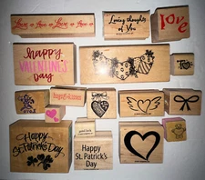 Lot Of 17 Wood Rubber Stamps Valentines Hearts Love St Patrick’s Mixed Brands