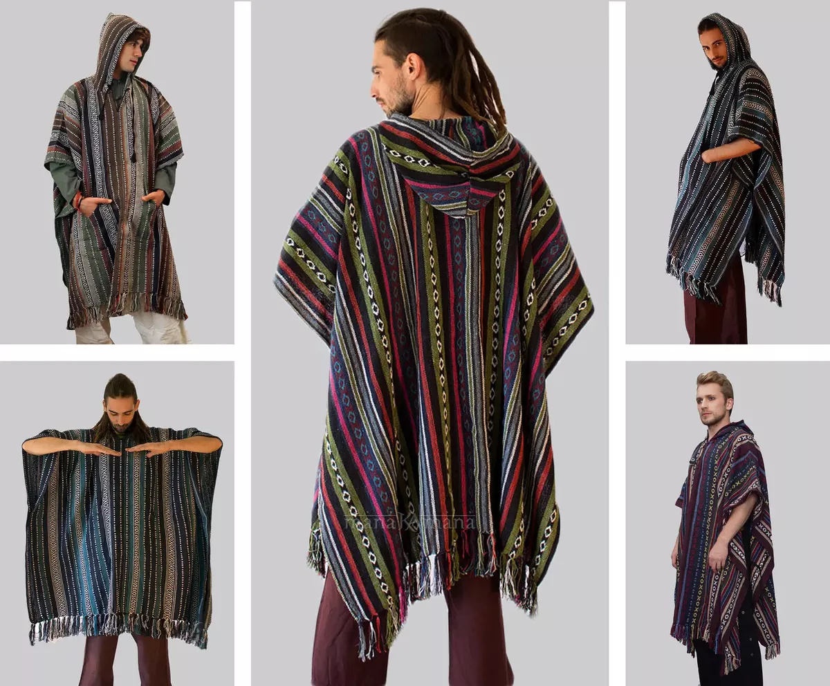 Poncho, Mens Hippie Long woven poncho with Hood, Pure cotton