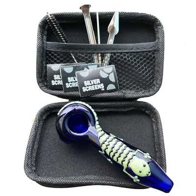 4.7'' Glass Tobacco Smoking Pipe with Brush Storage Box Metal Tool Hand Pipe