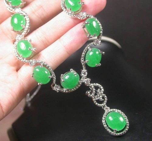 Genuine Green Jade Cabochon Cubic Zirconia Flower 18KGP Pendant Necklace - Picture 6 of 8
