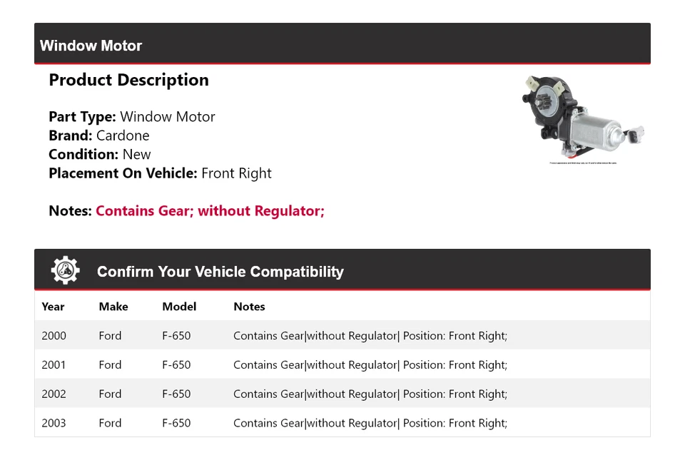 Motor ventana delantera derecha cardone 2001 2002 Ford F-650 2000-2003 Foto 2 de 4