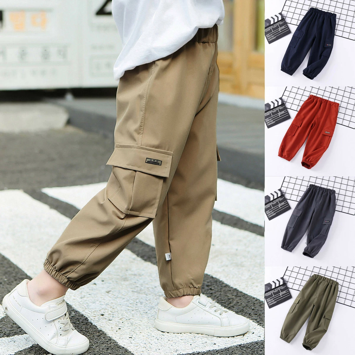 Kids' Cargo Pants Boys Solid Color Casual Trousers Elastic Cuffs Pants with  Pockets Spring Summer Autumn Outdoor Joggers Pants Elastic Waist Length  Pants Bottom Casual Baggy Trousers - Walmart.com