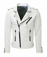 Luxury Wear Herren Premium Style Weiß Motorrad Jacke Echtleder Biker Mantel