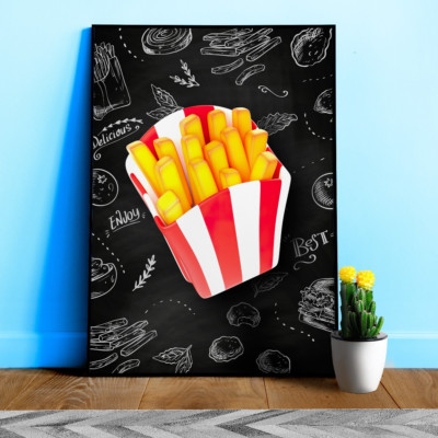 French fries Poster   Plastic 3D Food Kitchen Poster, Blackboard Photo Art