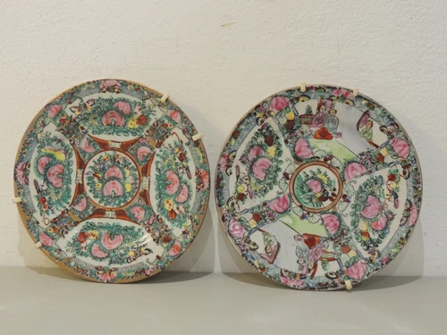Pair of Antique Rose Medallion Chinese Porcelain Plates Hand Painted