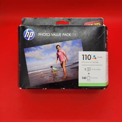 HP Photo Value Pack 110 Tri-Color Printer Cartridge & 140 Sheets Photo Paper NEW