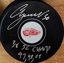 Chris Osgood Autographed Red Wings Puck Inscribed 3x Stanley Cup Champ JSA COA